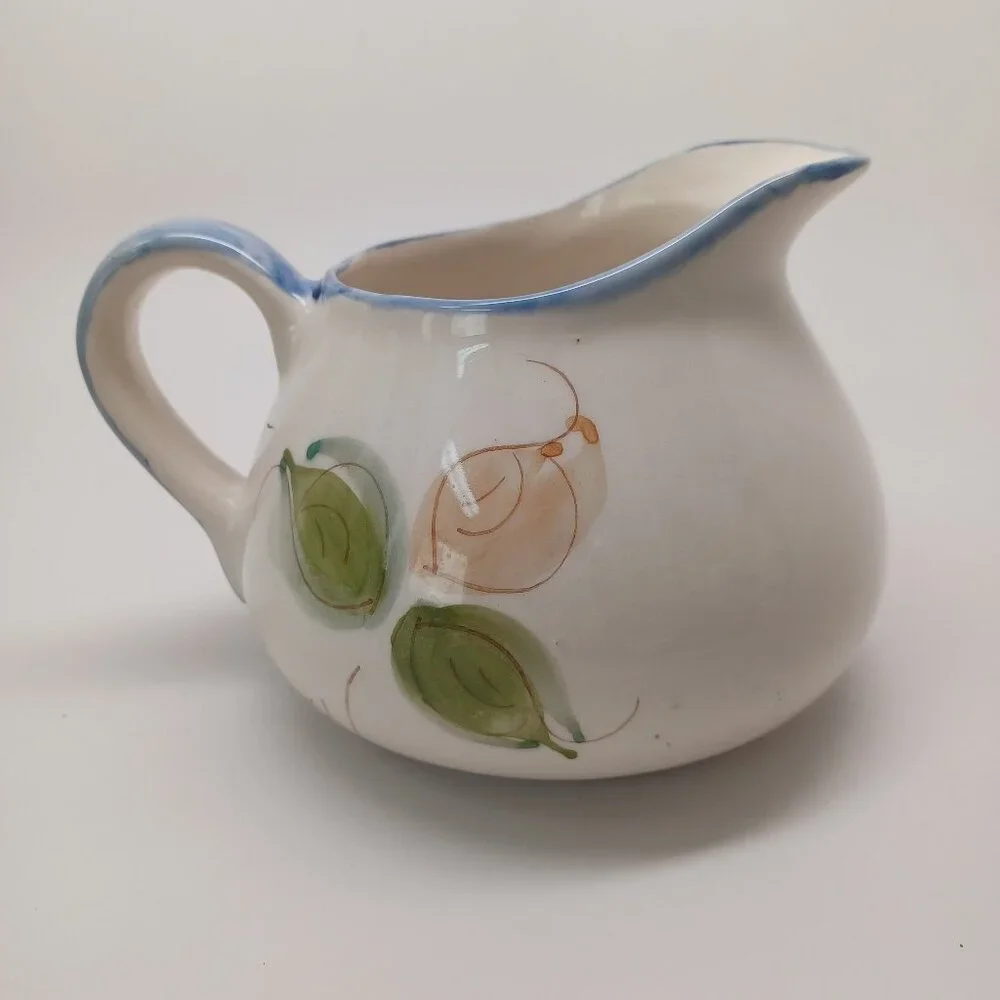 Blue Floral Pitcher Made In Portugal Secla Vintage Flower Leaf Print Wide Mouth‎